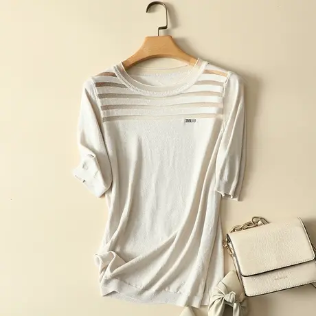 冰丝短袖t恤女夏装2023新款潮上衣宽松套头蕾丝针织打底衫体恤衫商品大图