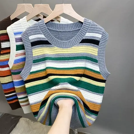 针织马甲背心女秋季新款外穿圆领无袖外套拼色彩条纹坎肩无袖毛衣商品大图