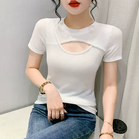 时尚钉珠网纱T恤女短袖性感镂空心机上衣夏季洋气百搭小衫体恤ins商品大图