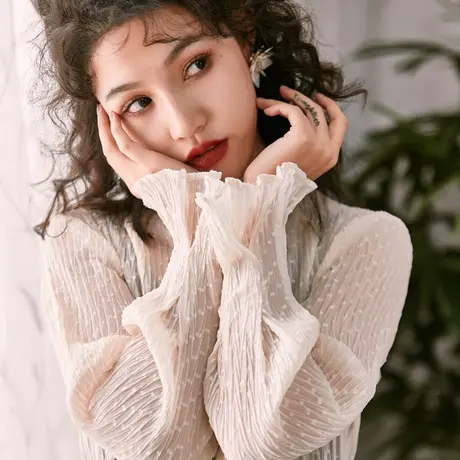 2023秋装新款韩版立领喇叭长袖蕾丝打底衫女宽松百搭镂空网纱上衣图片