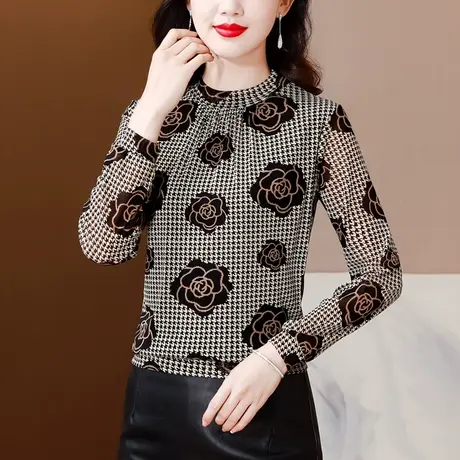 气质长袖T恤网纱打底衫女2023秋季新款修身显瘦上衣洋气漂亮小衫商品大图