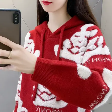 连帽红色毛衣女2023新款秋冬季爆款时尚兔年本命年加厚洋气针织衫商品大图