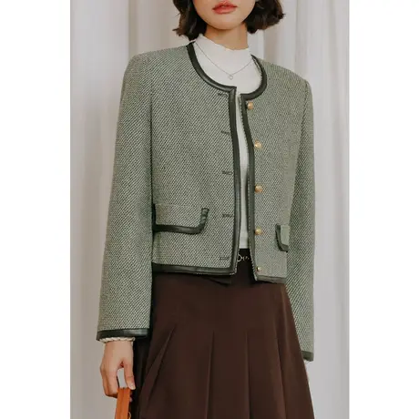 弥古绿色法式小香风外套女春秋小个子粗花毛呢上衣高级感秋装2023商品大图