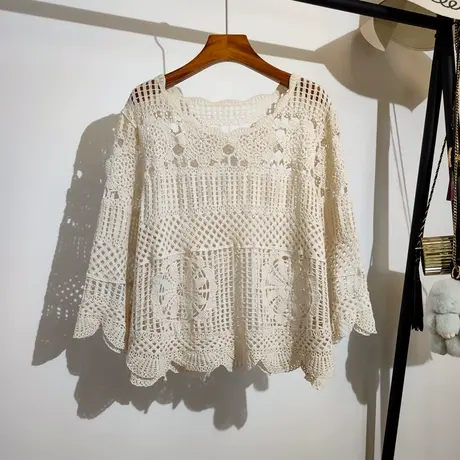 勾花镂空长袖针织衫女夏季新款波西米亚吊带裙子外搭防晒上衣罩衫商品大图