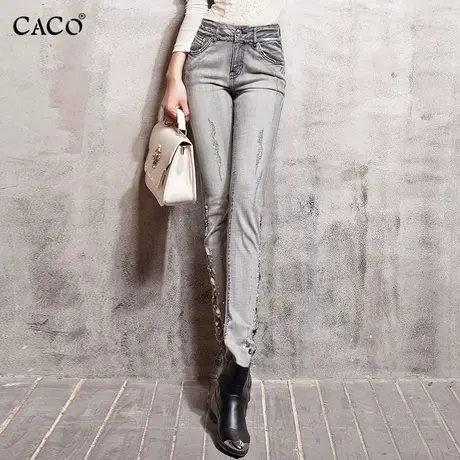 小直筒牛仔裤女灰色高腰显瘦修身提臀时尚镶钻轻奢高街个性烟管裤商品大图