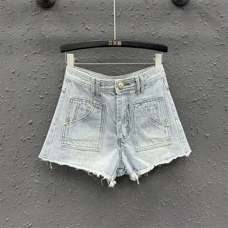 网红金属扣a字阔腿裤韩版休闲热裤女潮2023夏季新款显瘦牛仔短裤商品大图