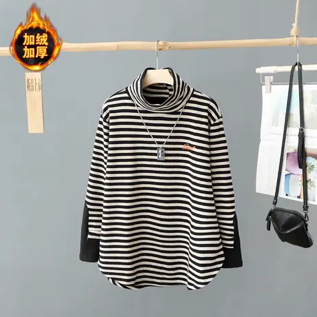 2023年冬装新款高领套头条纹t恤女长袖宽松大码加绒加厚打底上衣X图片