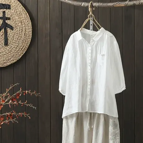 枫谜2022年夏季新款文艺简约单排扣棉麻短袖衬衫女休闲亚麻衬衣图片