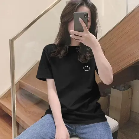 黑色t恤女2023新款学生气质纯棉宽松韩版设计感小众半袖上衣体恤图片