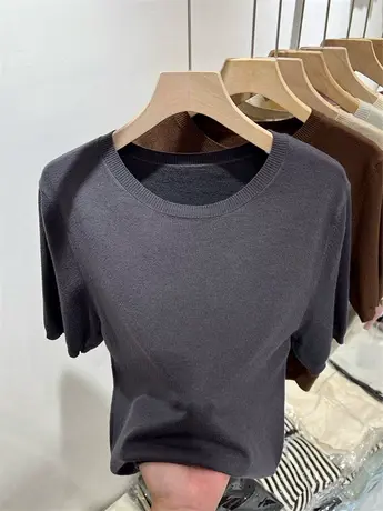 纯色圆领羊毛小衫宽松短袖针织衫女2023秋装慵懒风休闲遮肉打底衫商品大图