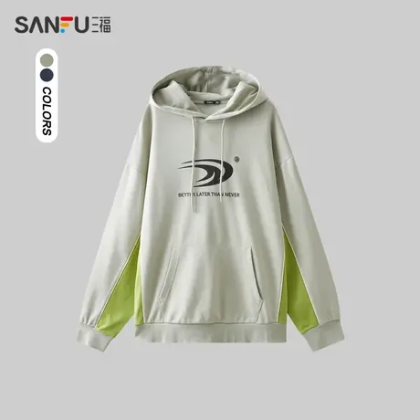 三福2023冬男士撞色拼接袋鼠兜卫衣 宽松运动标连帽上衣476252商品大图