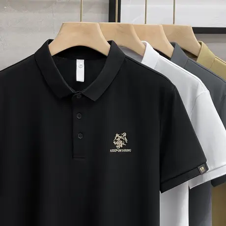 冰丝珠地polo衫 黑色丝光老虎刺绣有领短袖t恤男夏季翻领半袖体恤商品大图