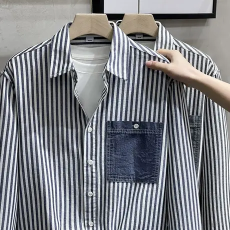 日系条纹长袖衬衫男春季宽松纯棉翻领潮流休闲通勤衬衣外套上衣商品大图