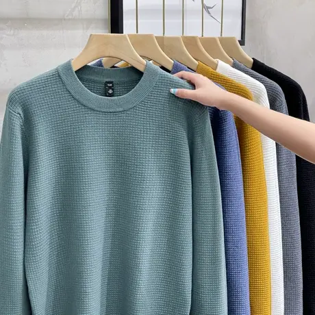 华夫格肌理毛衣男针织衫秋冬基础打底衫套头圆领日系休闲保暖毛衫商品大图