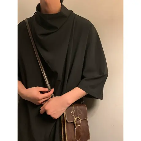 夏季暗黑系山本风宽松个性简约设计休闲大码高堆领短袖t恤男潮牌图片