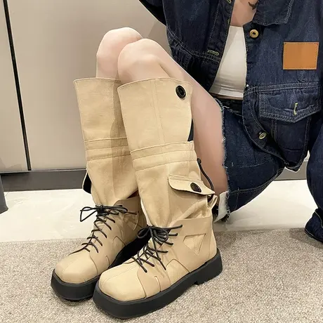 户外登山靴西部牛仔靴厚底长筒靴女2023新款工装靴风衣抽绳堆堆靴商品大图
