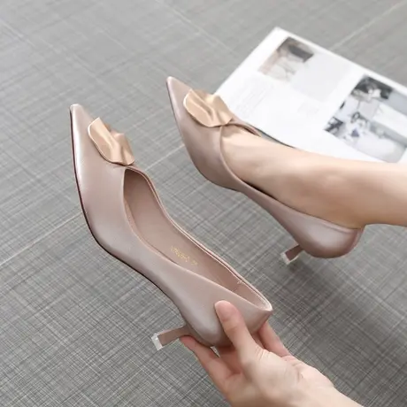 2023春季款法式少女高跟鞋女细跟百搭简约方扣浅口单鞋礼服宴会鞋图片