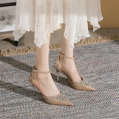 性感高跟鞋女细跟2023年夏季尖头仙女风气质百搭水晶一字扣带凉鞋商品大图