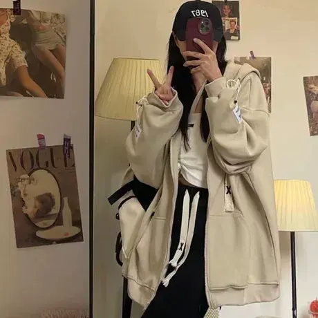 大码连帽卫衣女装春秋款胖mm美式宽松薄款拉链长袖上衣外套200斤图片