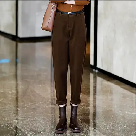 毛呢香蕉裤女秋冬加绒2023新款休闲西装女裤高腰宽松九分哈伦裤子图片