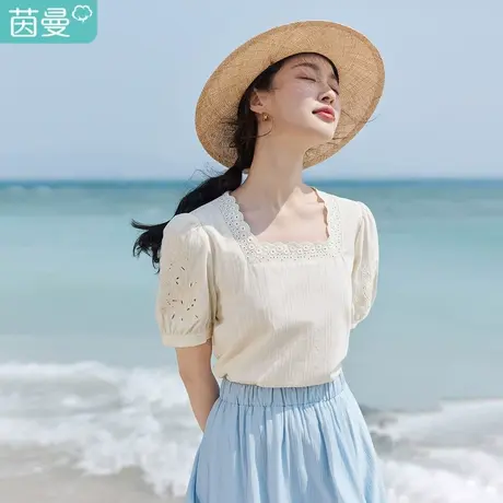 茵曼法式清新衬衣2023夏女装新款刺绣波浪花边方领镂空提花上衣商品大图