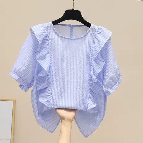 荷叶边拼接短袖衬衫女薄款2023夏季新款设计感泡泡袖别致洋气上衣商品大图