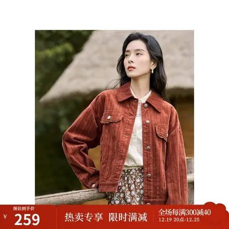 复古灯芯绒短外套2023秋女装新款翻领落肩长袖宽松显瘦上衣图片