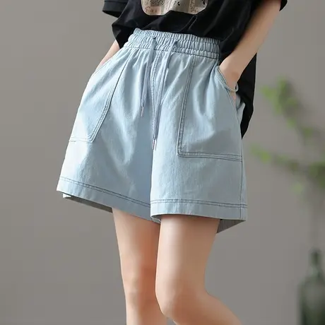 dza 高腰显瘦薄款牛仔短裤女夏季宽松直筒五分裤子系绳宽松阔腿裤商品大图