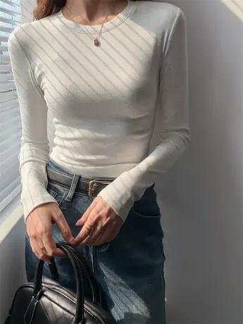 2023秋冬螺纹修身t恤女长袖正肩体恤紧身打底衫基础款小衫上衣女商品大图