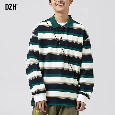 男士条纹Polo衫男春秋款潮牌宽松长袖上衣外套情侣装2023新款男装商品大图