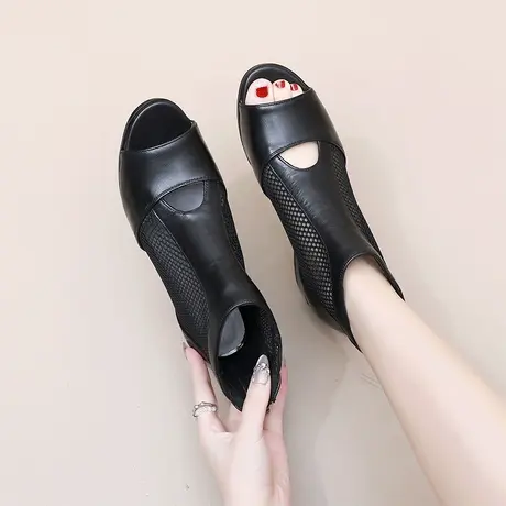 吉菲儿夏季新款鱼嘴鞋女真皮中跟凉靴女士粗跟夏季凉鞋2025网靴子商品大图