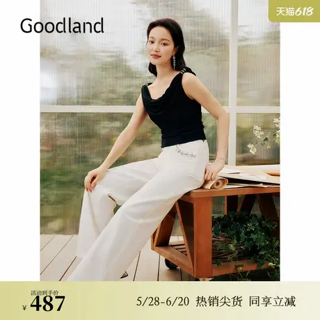 【天丝系列】Goodland美地夏季法式钉珠莱赛尔白色牛仔裤图片