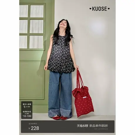 阔色黑色花苞无袖背心吊带女2025夏季新款圆领复古碎花漂亮上衣图片