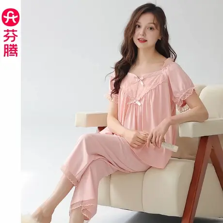芬腾女士睡衣夏季纯棉薄款短袖八分裤套装女款宽松透气大码家居服图片