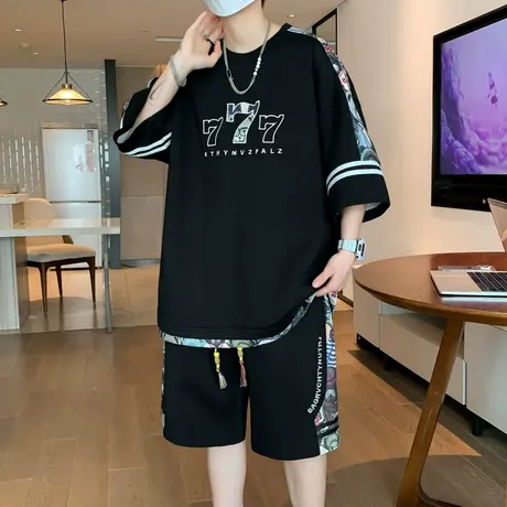 两件套男士宽松薄款短袖短裤搭配青少年夏季大码t恤休闲运动套装商品大图
