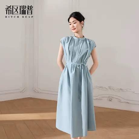 希区瑞普2025春夏新款法式复古圆领包袖气质连衣裙女宽松系带裙子图片