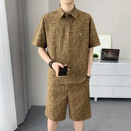 2025新款夏季男士短袖短裤套装时尚潮流百搭休闲时尚polo衫两件套图片