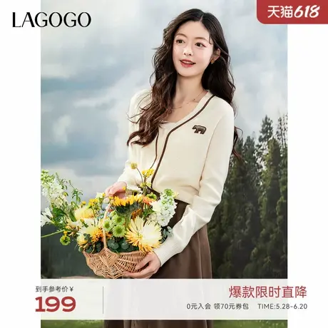 LAGOGO立体小熊V领针织衫女拉谷谷2025年春季新款可爱简约开衫商品大图