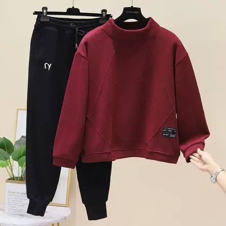 简约宽松加绒卫衣收脚加绒卫裤两件套休闲加厚卫衣刺绣运动裤套装商品大图