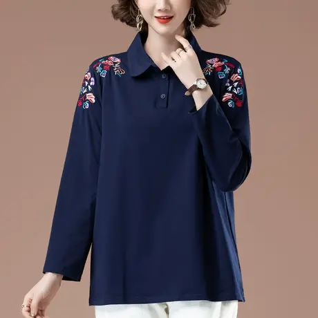 长袖t恤女春秋季加肥加大码女装宽松中年妈妈纯棉刺绣翻领打底衫商品大图