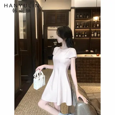 韩语琳 6/30 奶咖色短袖连衣裙女夏季法式复古收腰显瘦A字短裙图片