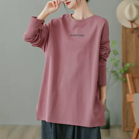 dza 复古宽松纯棉开叉卫衣女士春秋内搭显瘦上衣休闲百搭长袖打底商品大图