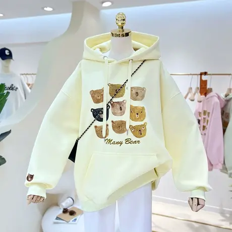 2023春秋复古卡通小熊百搭宽松大码连帽卫衣女帽衫外套单穿慵懒潮商品大图