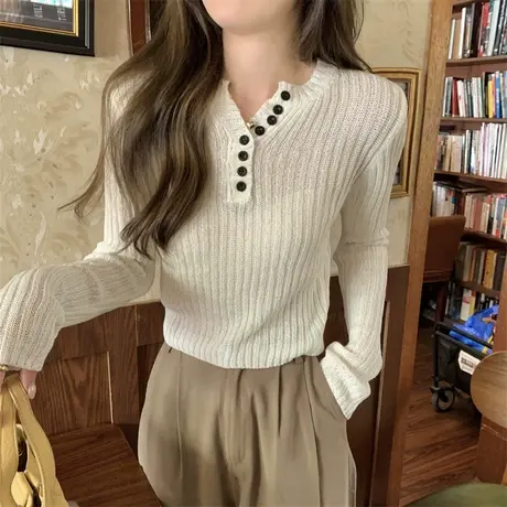 独特别致针织衫女2023新款早秋季内搭长袖打底衫法式气质上衣短款图片