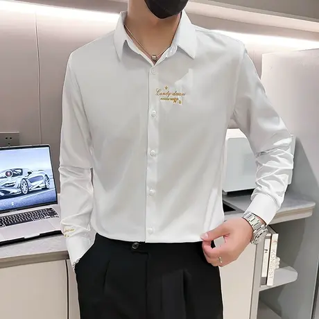 春秋季职业长袖衬衫潮牌刺绣高级感痞帅修身个性潮男内搭翻领衬衣商品大图