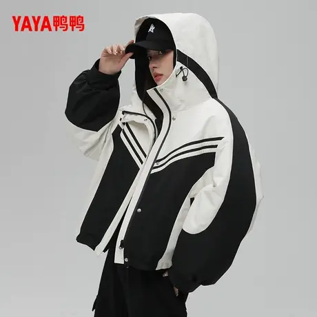 YAYA鸭鸭羽绒服女2024新品运动风连帽拼接宽松休闲三件套气质外套商品大图