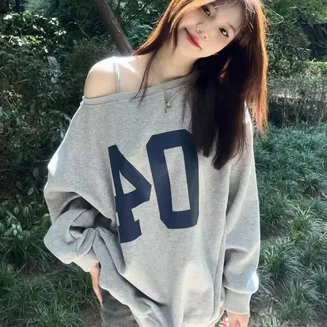 美式辣妹斜肩露肩长袖卫衣女春秋季韩版宽松显瘦薄款无帽上衣外套图片