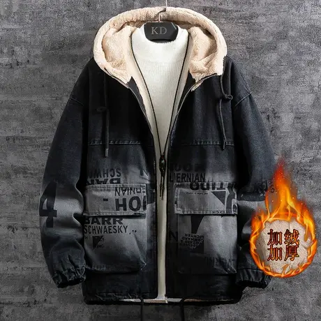 青少年冬装派克服加绒加厚牛仔外套男孩大童高中初中学生帅气棉衣图片