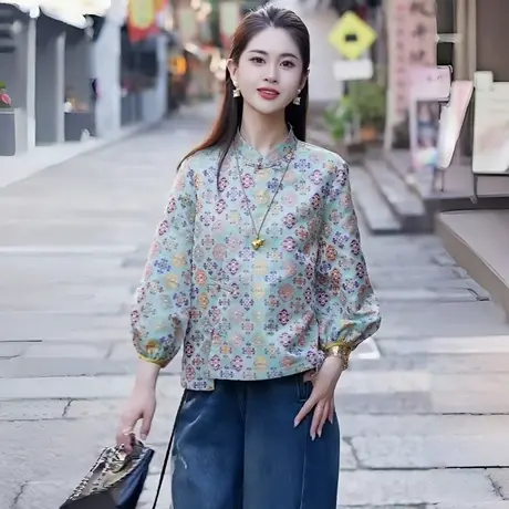 拉夏贝尔新中式轻国风衣服秋季2025印花立领盘扣灯笼袖衬衫上衣女商品大图