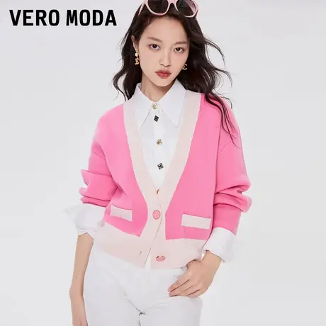 Vero Moda针织衫毛衣女秋冬清仓气质通勤V领时髦撞色宽松长袖开衫商品大图